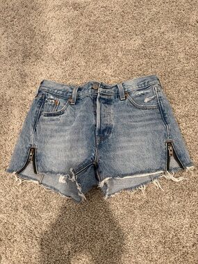 Levi's Medium Blue Distressed Denim Cutoff Shorts with Side Zips